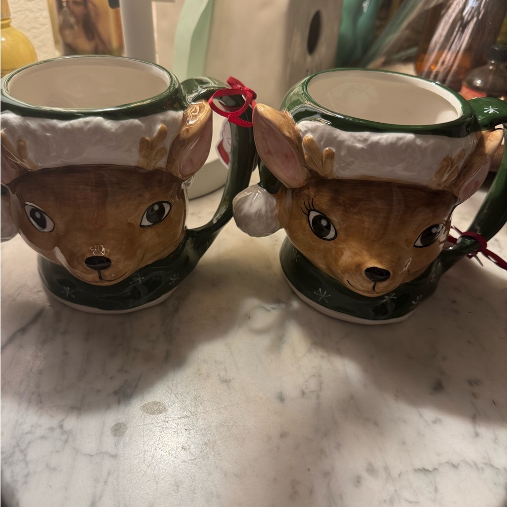 Blue Sky Reindeer Mugs - Green and Brown